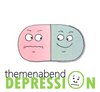 Illustration des Wortes Depression mit einem traurigen Gesicht im Buchstaben O. Dazu lächelndes und trauriges Gesicht.