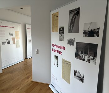 Das Bild zeigt drei Tafeln der Ausstellung mit historischen Dokumenten, Fotos und Infotext. Auf der ersten Tafel steht "NS-Psychiatrie in der Pfalz"