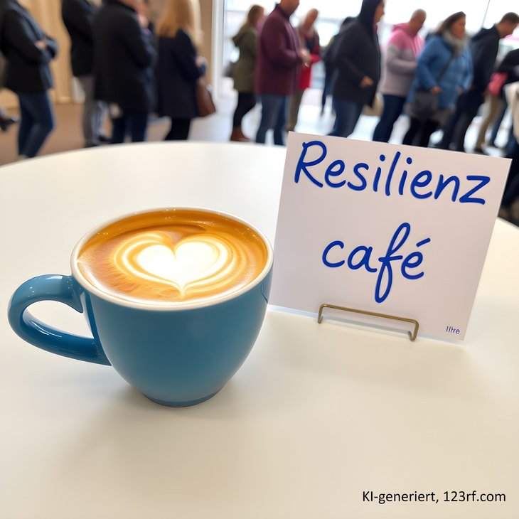 Das Foto zeigt eine Tasse mit Cappuccino und einem Herz im Milchschaum, ein Tischschild mit dem Wort "Resilienzcafé" und Leute im Hintergrund.