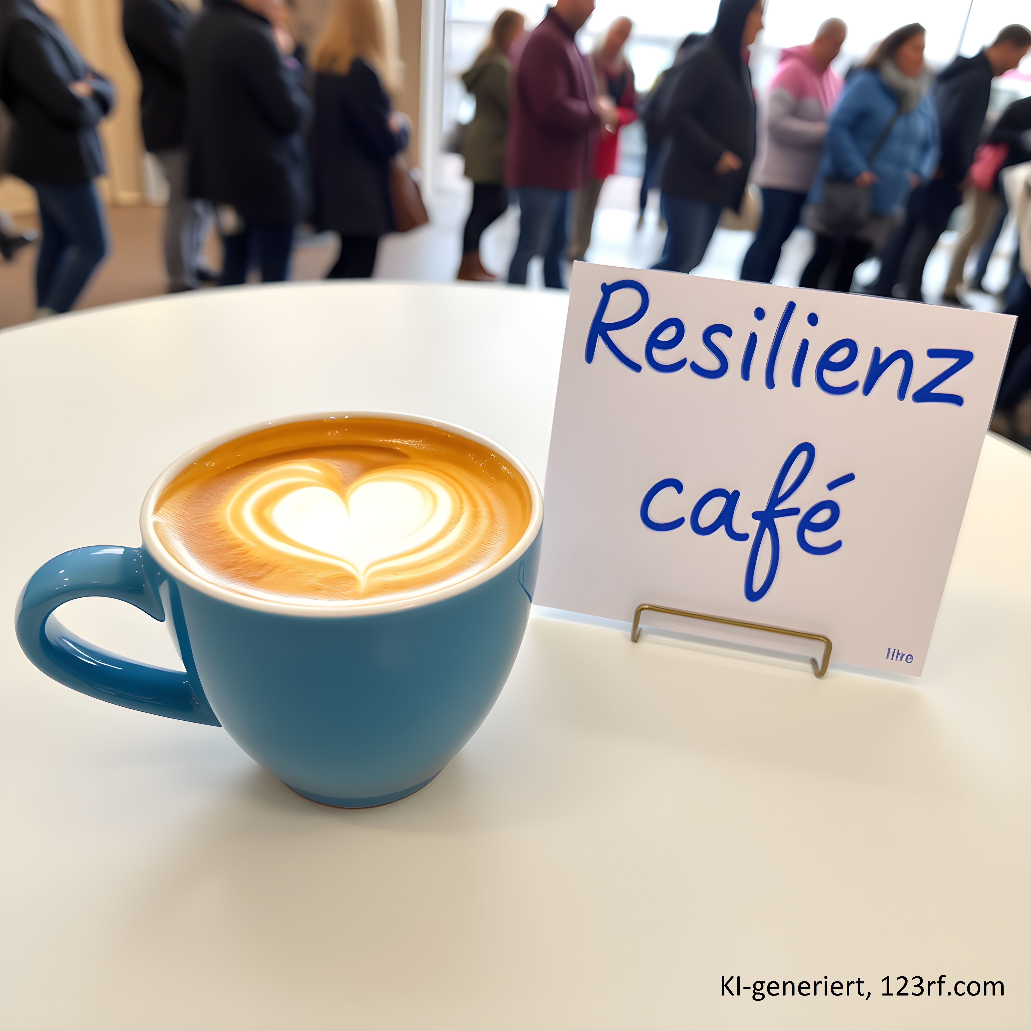 Das Foto zeigt eine Tasse mit Cappuccino und einem Herz im Milchschaum, ein Tischschild mit dem Wort "Resilienzcafé" und Leute im Hintergrund.