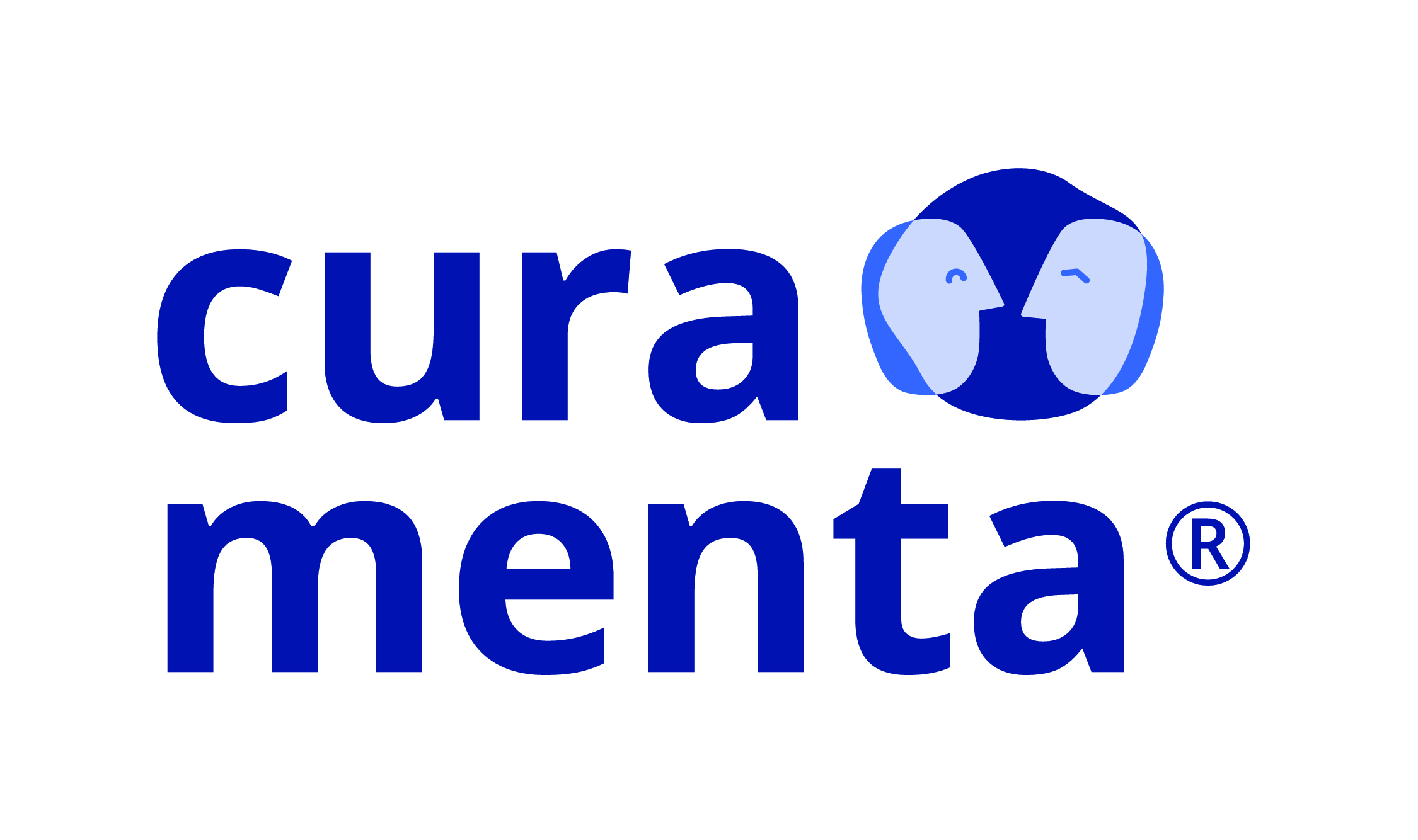 Word-Bildmarke: blauer Schriftzug Curamenta und zwei symbolhaften Gesichtern, die sich anblicken